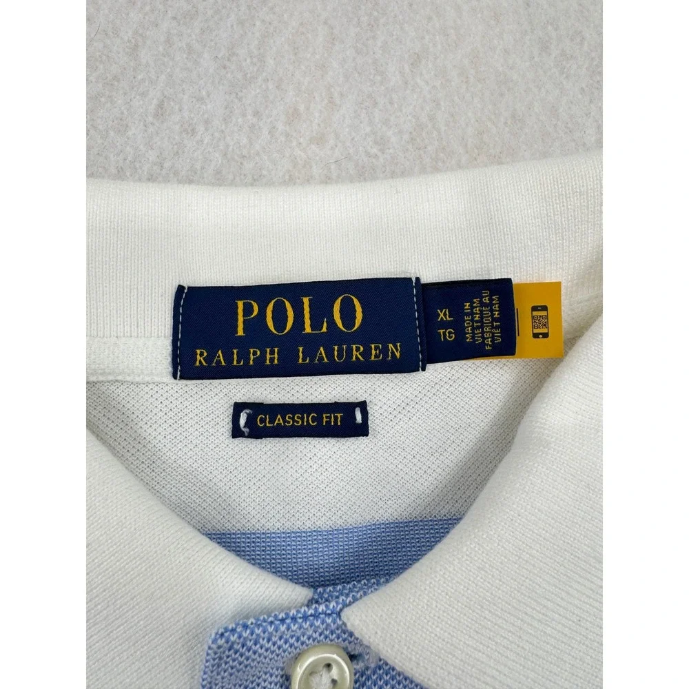 Polo Ralph Lauren Mens XL Classic Fit Short Sleeve Pique Polo White/Blue Striped